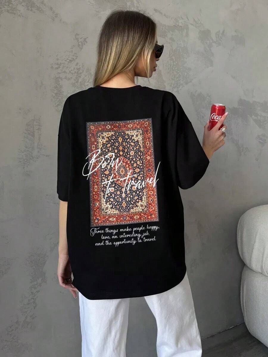 Camiseta de manga corta 100% algodón puro, nuevo estilo de verano, estilo americano, versátil, moderna, retro, de nicho, top hip-hop para mujer. - Negro - Ver 1