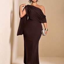 Cravure Vestido de mujer de talla grande de unicolor elegante, diseño asimétrico de hombros, vestidos de cumpleaños, vestido de fiesta de club con hombros descubiertos para primavera, conjunto de mujer de verano, vestidos formales elegantes de mujer, vestido de noche, vestido ajustado maxi, vestido de mujer para boda, vestido romántico para invitada de boda - A1 - Ver 2