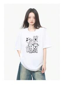 Camiseta de algodón estilo japonés para mujer con estampado sencillo de , corte amplio y muy cómoda.Ideal para verano, disponible en varios colores, perfecta para uso diario y salidas casuales.Se ve padrísima, súper versátil y de  juvenil, combina fácil con jeans y shorts para lucir relajada y con estilo. L3CV - Blanco - Ver 4