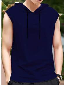 Hooded Tank Top In 100% Cotton Mesh - Navy Blue - View 3