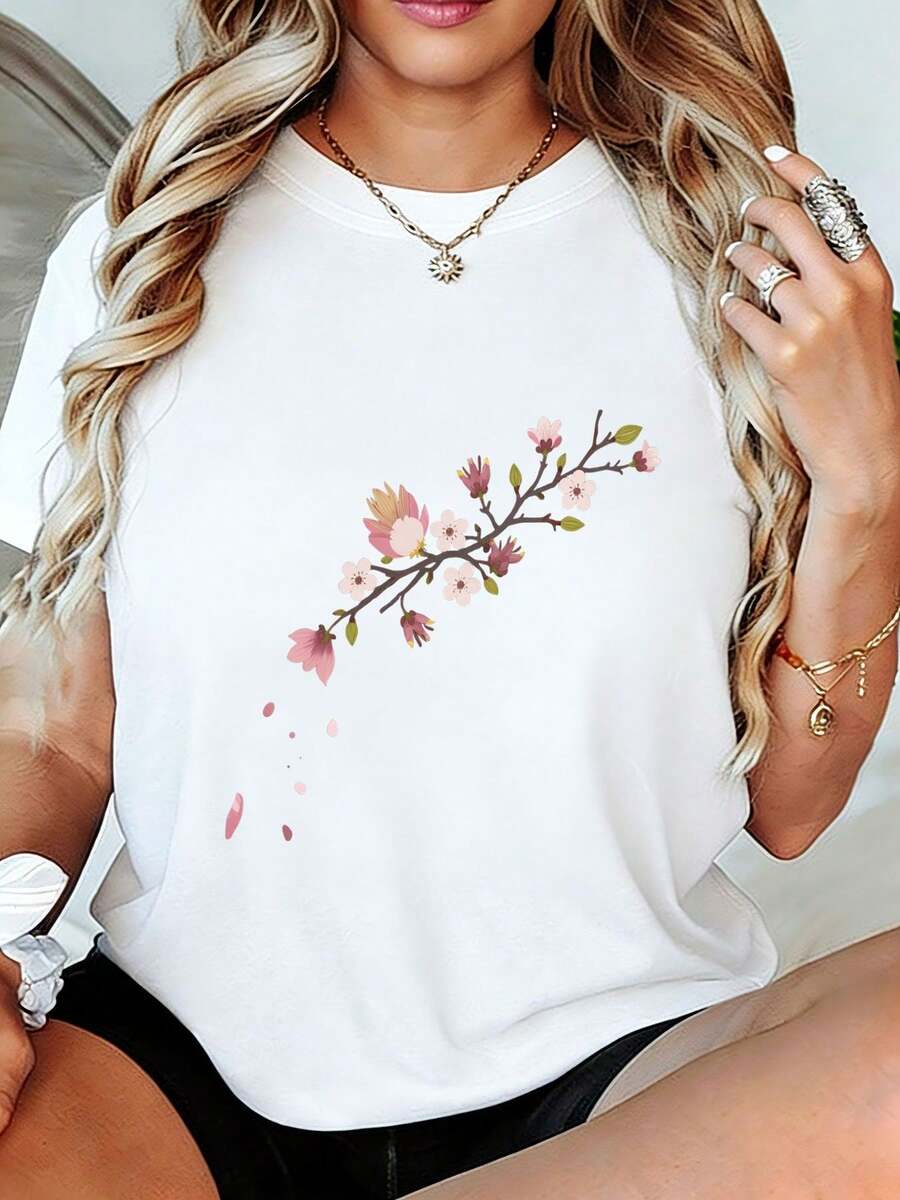 Camiseta de manga corta con estampado floral de acuarelara mujer - Top hoado casual de verano con diseño de rama de flor rosa y pétalos que caen, camiseta suave y transpirable, regalo perfecto para mamá, novia, mejor amiga