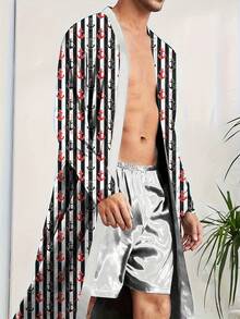 Plus-Size Men's Personalized Casual Home Robe, Spring And Autumn Thin, Skin-Friendly, Quick-Drying Bathrobe, Suitable For Air-Conditioned Rooms, Can Be Used As A Small Blanket, Digital 3D Print, Non-Fading Home Top (Robe + Shorts + Belt) - Mixed Colors - View 2