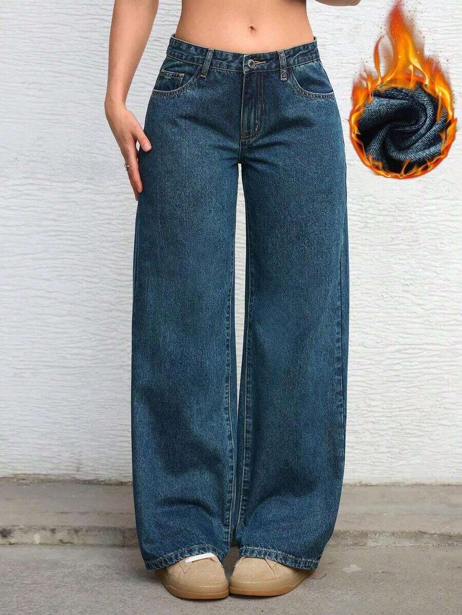 ICON Solid Color Wide Leg Pocket Jeans, Casual And Versatile - 藍色的 - 查看 1