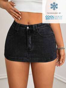 Minifalda de mezclilla ajustada y de tiro bajo lavada, con estilo callejero sexy para el verano - Negro 3 - Ver 8