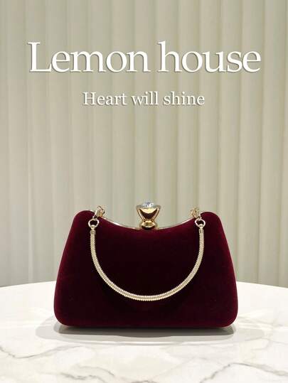 1pc Burgundy Velvet Metal Handle Elegant Vintage Box-Shaped Clutch Bag, Suitable For Women's Party, Wedding, Banquet, Cocktail Events