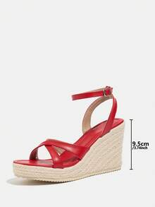 Women's Fashion Versatile Red Wedge Thick Bottom Sandals, Vacation Party Crossover Strap Decor Woven Bottom Bohemian Style Wedge Sandals - Red - View 4
