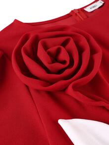 Vestido de noche de sirena rojo elegante AOMEI con volantes 3D en el bajo, mangas cortas y cuello redondo para eventos de verano, bodas y fiestas - Rojo - Ver 5