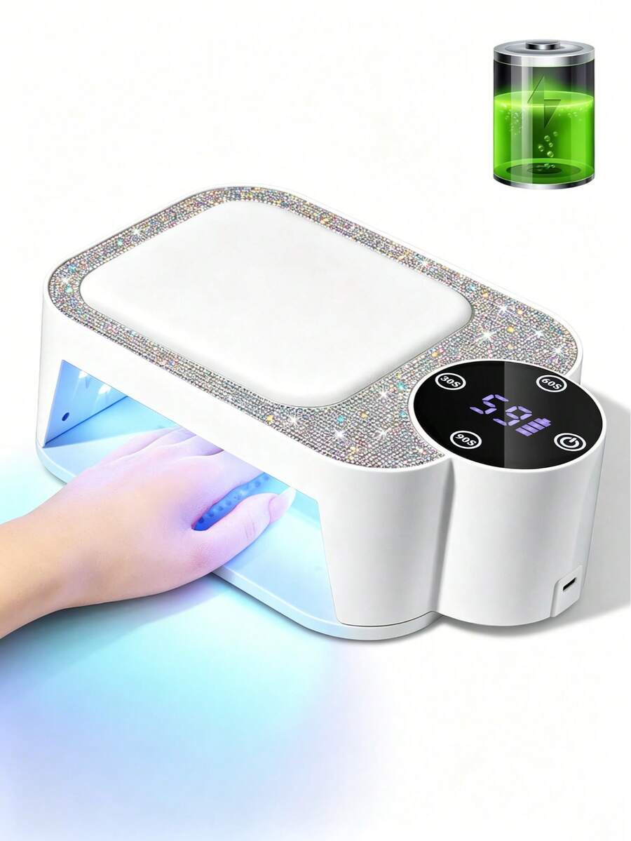 LIMEGIRL Lámpara LED UV Recargable para Uñas con Decoración de Pedrería, Secador de Uñas Inalámbrico con Temporizador de 4 Modos y Almohadilla de Apoyo para la Mano, Luz de Curado Rápido para Uñas en Casa, Blanco