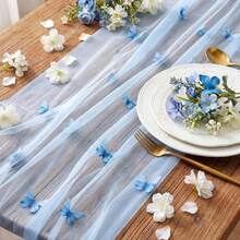 1 Stück blauer 3D Schmetterling Tischläufer aus Mesh, elegante und leichte Dekoration für Hochzeit, Babyparty, Geburtstag, Zuhause - Hellblauer Schmetterling - Übersicht 4