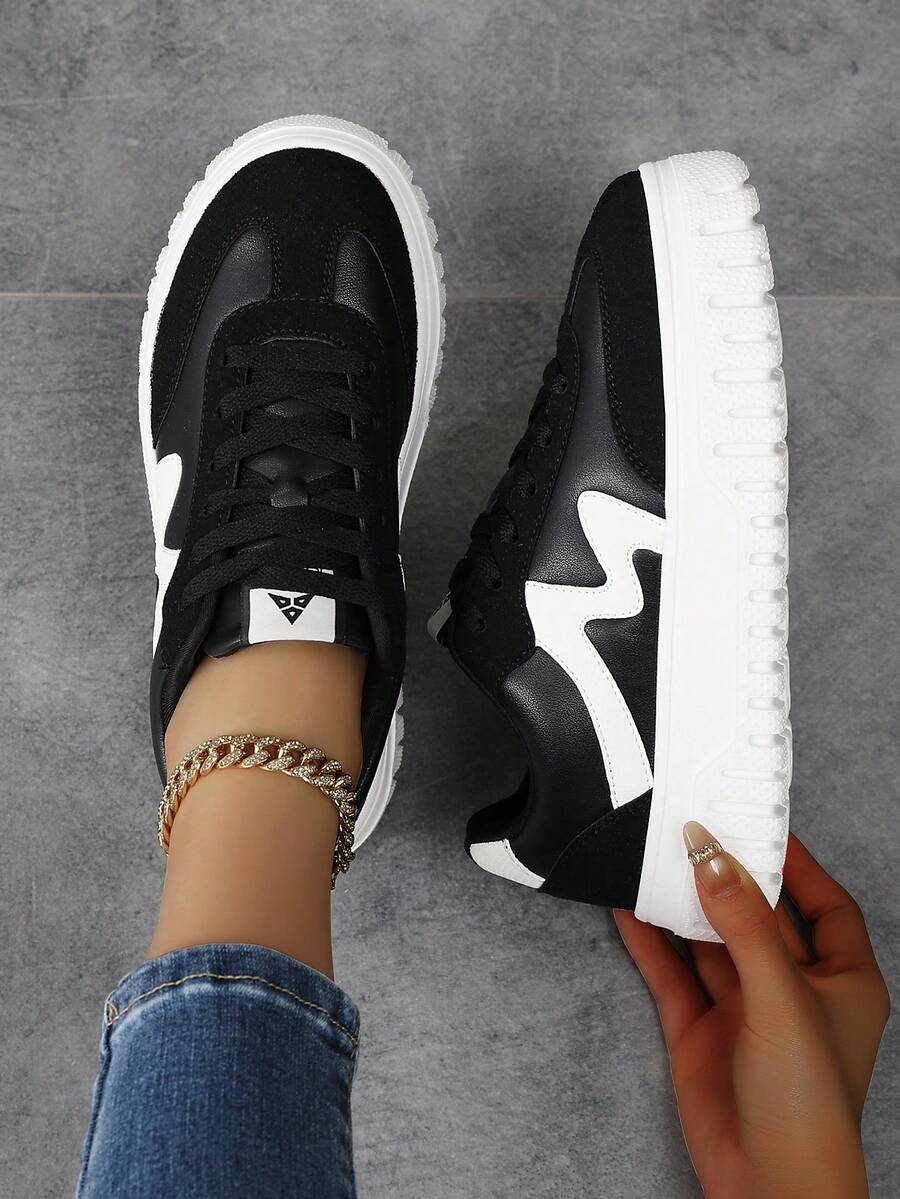 Damen Schuhe lässig Sport Farbblock Sneaker, beliebte rosa Schuhe für den Campus, bequem und atmungsaktiv - Schwarz - Übersicht 1