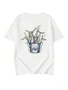 Camiseta de moda femenina de verano de manga corta camiseta de moda casual al aire libre 'pescado' estampado camiseta casual femenina suelta - Blanco - Ver 3