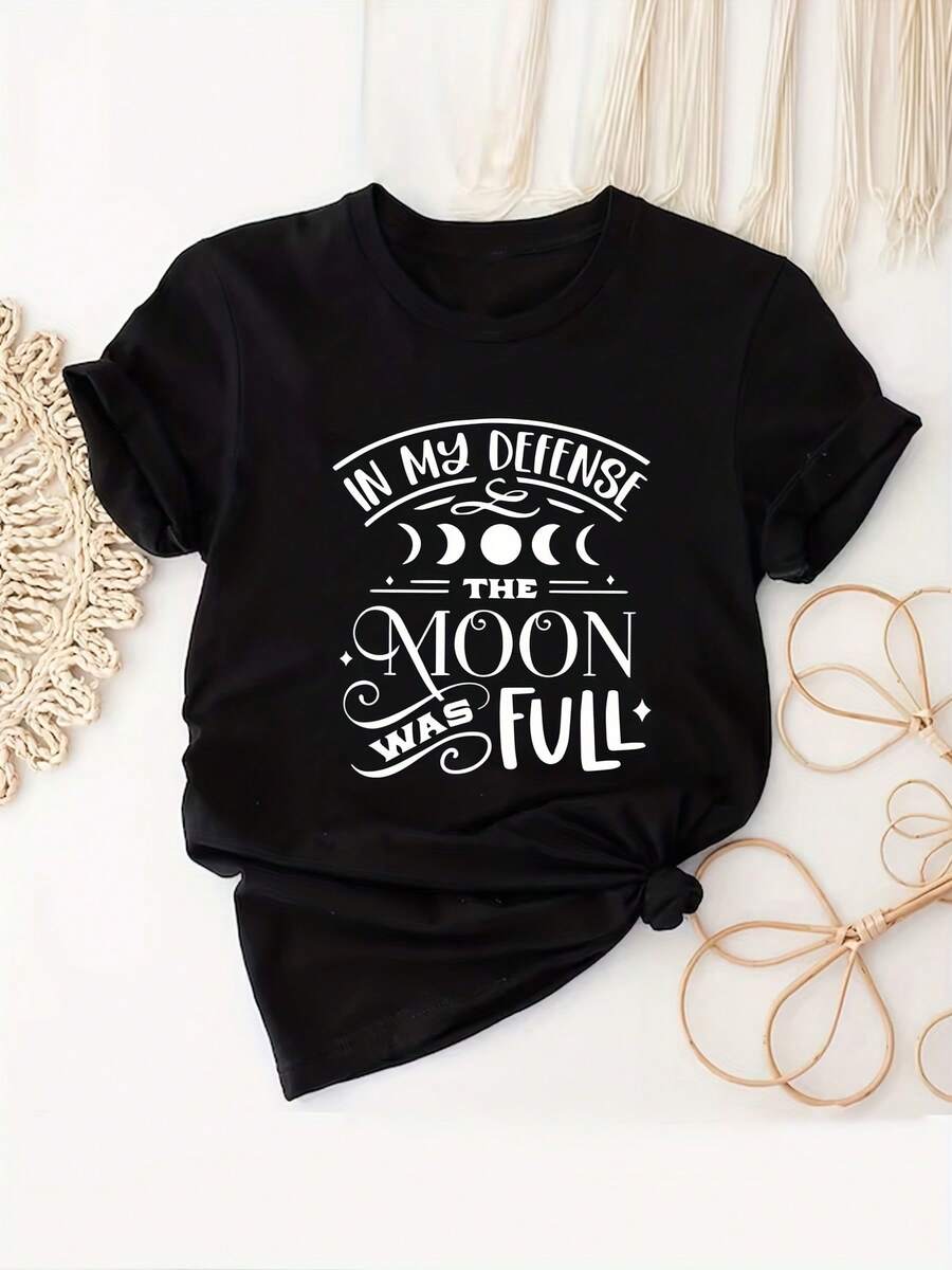 Camiseta Casual de Talla Grande para Mujer, con Estampado de Luna y Eslóganes, Manga Corta, Cuello Redondo, Ligeramente Elástica - Negro - Ver 1