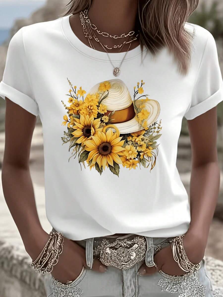 Women's Short-Sleeved Cotton T-Shirt With Sunflower And Flower Graphic Print, Ideal For Holidays, Casual Style, Round Neck, Women's Clothing. - 白色 - 查看 1