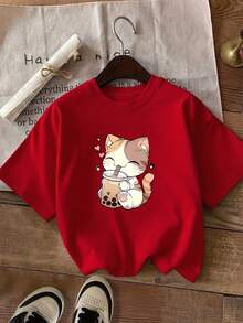 Camiseta de Mujer con Estampado de Gato yé de Boba - Top Casual de Manga Corta y Cuello Redondo, con un diseño de tapioca estilo kawaii y estampado de pata en forma de corazón - Un regalo para amantes de los gatos y fans del estilo kawaii. - Rojo oscuro-A - Ver 7