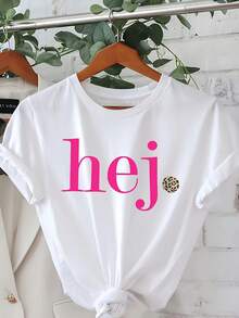 Camiseta deportiva de manga corta con cuello redondo y estampado de letras para mujer - Blanco - Ver 1