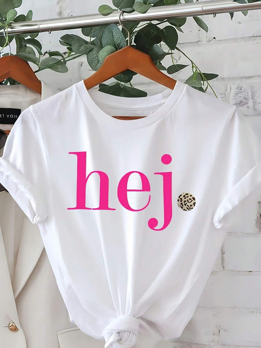 Camiseta deportiva de manga corta con cuello redondo y estampado de letras para mujer - Blanco - Ver 1