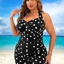 Swim Lushore 1pc Women Plus Size Polka Dot Printed Cross Front Tankini Top With Adjustable Tie Strap Shorts, Elegant Casual Daily Beach Vacation One-Piece Swimsuit For Summer - Verde Oscuro - Ver 5