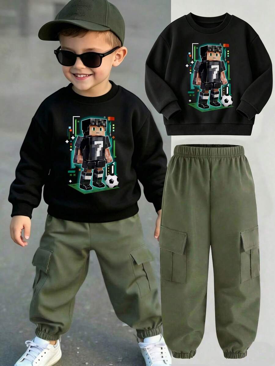 Setelan Atasan Lengan Panjang Leher Bulat dan Celana Kargo Motif Kartun Anak Laki-Laki - Hitam - View 1