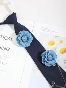 1pc Women's Denim Flower Chain Detachable Tie, Collegiate Style Shirt Accessory - Navy Blue - View 5