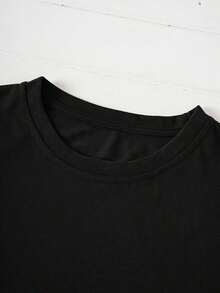 Primavera/Verano 2026, Nueva Camiseta de Mujer con Cuello Redondo, Estampado Floral y de Letras en Doble Cara, Moda Verano, Fresca, Manga Corta, Casual, Oversize, Hombros Caídos. - Negro - Ver 6
