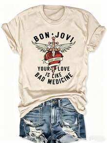 BON JOVI Band Printed Spring/Summer Casual Short-Sleeved Crew Neck T-Shirt, Relaxed Fit True To Color Casual Women's Wear Fashion Simple Oversized Friendly T-Shirt For Women - Màu be - Xem 1