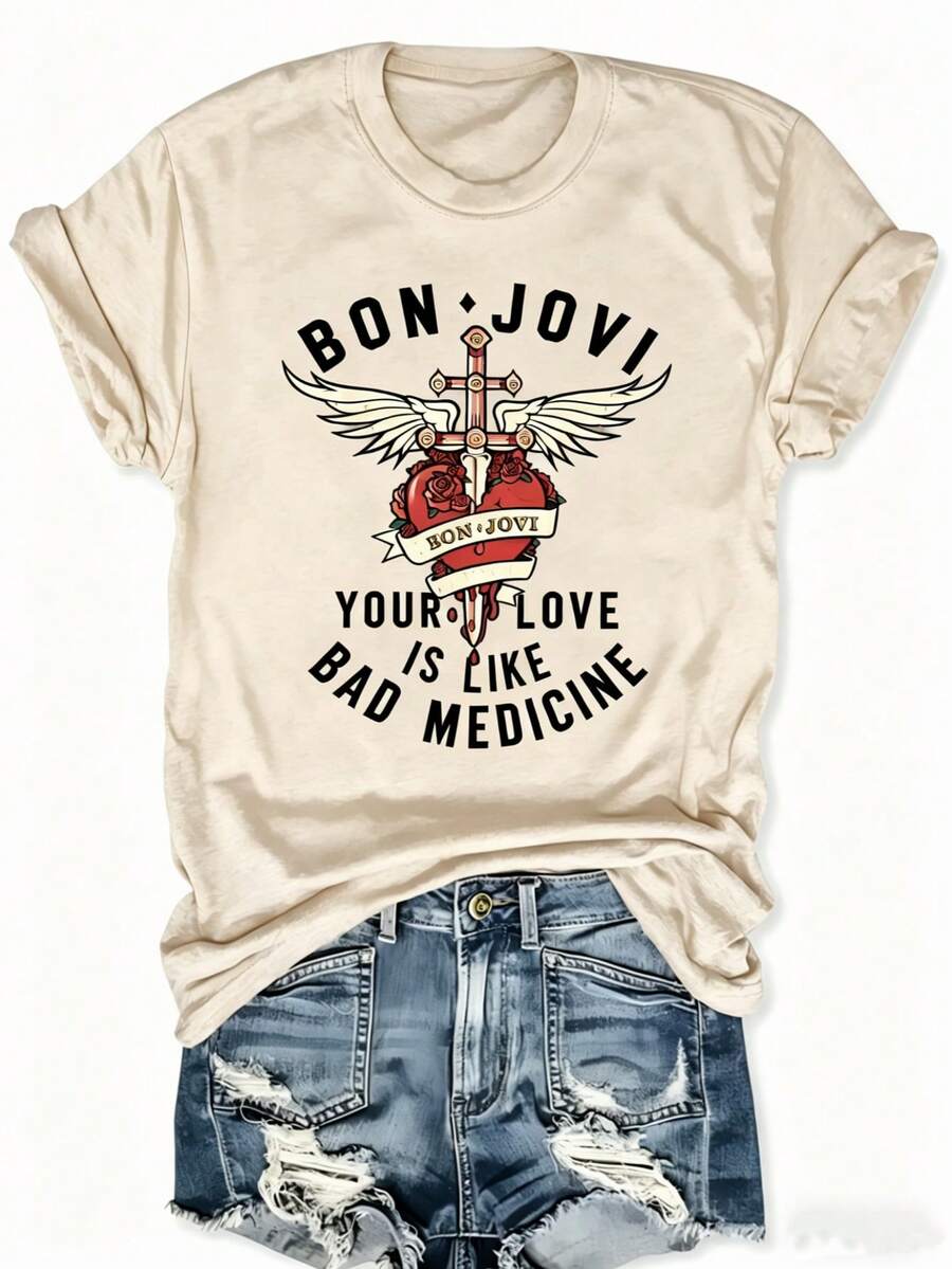 BON JOVI Band Printed Spring/Summer Casual Short-Sleeved Crew Neck T-Shirt, Relaxed Fit True To Color Casual Women's Wear Fashion Simple Oversized Friendly T-Shirt For Women - Màu be - Xem 1