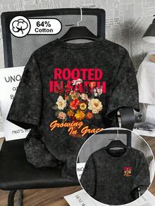大尺碼女款復古水洗雪花T恤，雙面花卉信仰文字印花，圓領短袖，夏季黑色休閒上衣 - 黑色 - 查看 1