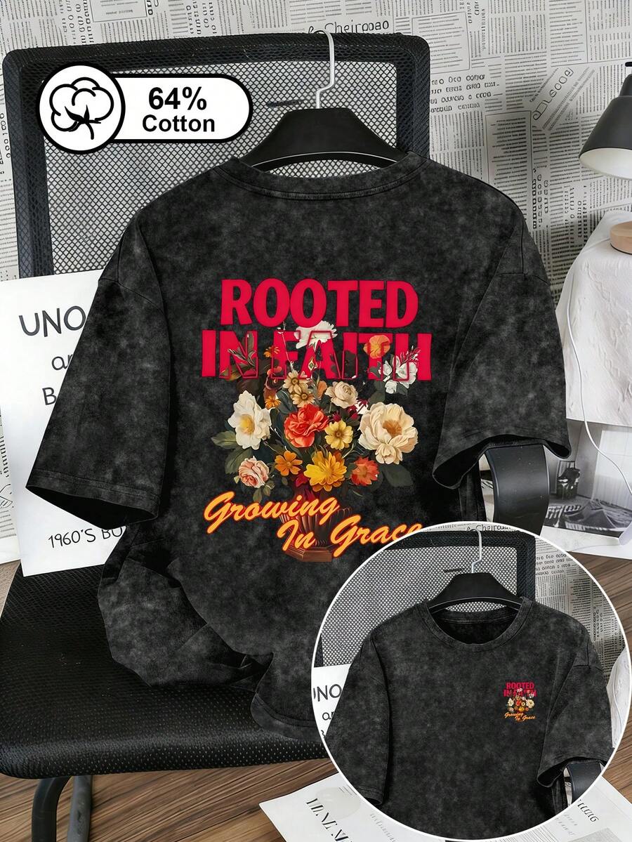 大尺碼女款復古水洗雪花T恤,雙面花卉信仰文字印花,圓領短袖,夏季黑色休閒上衣 - 黑色 - 查看 1