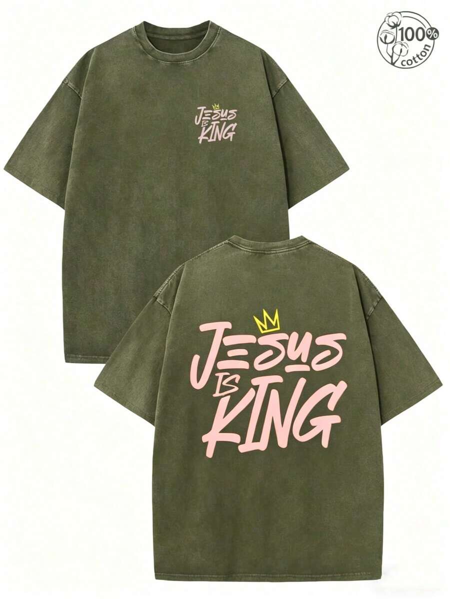 [100% Cotton] Jesus Is King, Believe In God, God Will Bless You, Classic Retro Fashion Jesus Popular Letter Pattern Printing Boutique 230g Washed , Men's Summer High-Quality Printed Retro Fashion Retro Brand Loose, And Comfortable Casual Multi-Color, Suitable For Outdoor Wear In Summer, With A Certain Thickness, Daily Wear And Friend Gifts, Gifts-Uniform Large Size Tops For Men And Women, Cozy Spring & Summer & Fall & Winter Styles Short Sleeve Tops - Unisex Women's & Men's Campus Daily Wear - xanh quân đội - Xem 1