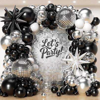 93pcs Black, White & Silver Balloon Arch Kit With Stars, 22" 12" 10" 5" Disco Ball Balloons, Black White Gold Silver Metallic Multicolor Balloons For Birthday, Graduation, Retirement, Father's Day Party Decor