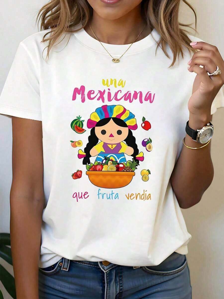 Colorful Summer In Mexico For Independence Day! A Mexican Woman Selling Fruit, Printed On A Women's Short-Sleeved Crew Neck T-Shirt, Ideal For Spring And Summer, Perfect For Casual Outfits, Holiday Gifts, And Gatherings. Pairs Well With Women's Y2Y Spring Sets, Summer Blouses, And Vacation Outfits. | Exquisite Design | Loose And Comfortable | Easy To Match | - 白色 - 查看 1