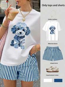 Set de 2 piezas con blusa de cuello redondo de manga corta con estampado de perro y shorts a rayas para mujer |   Diseño exquisito |   Suelto y cómodo |   Fácil de combinar | - Blanco 3 - Ver 1