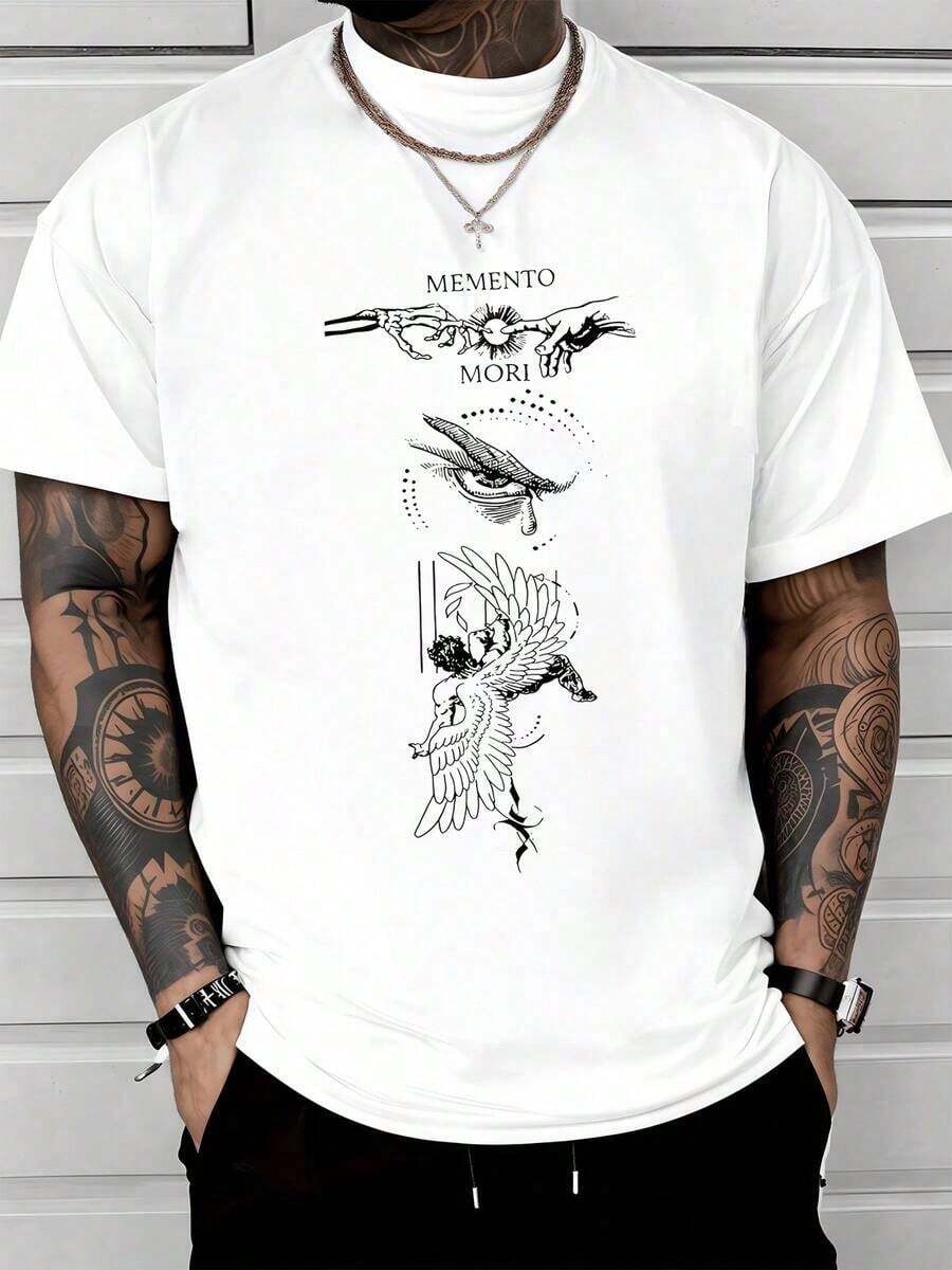 Hands Touching The Sun Symbol With The Message "Memento Mori" Accompanied By A Detailed Eye With A Feather And A Winged Angel Figure In Descending Flight, Conveying Reflection On Life And Mortality. Men's T-Shirt Made Of 100% High-Quality Cotton, 220g - 軍綠色 - 查看 1