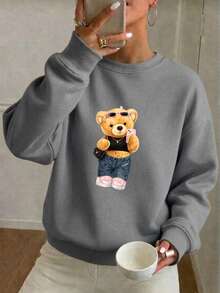 Women's Bear Blogger Style Crew Neck Sweatshirt (No Hood) - Winter - Grey - View 3