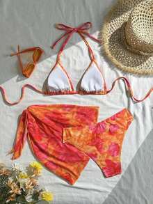Conjunto de 3 piezas de traje de baño de bikini de unicolor y estilo sexy de halter para mujeres, conjunto de traje de baño, para vacaciones de verano en la playa - Multicolor 3 - Ver 2