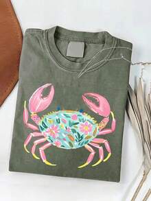 Nueva Camiseta de Mujer 2026 con Estampado de Cangrejo, Lavada, Estilo Batik Vintage, de Alta Calidad, para Playa de Verano, Regalo para el Día de la Madre - Negro - Ver 10