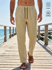 Mercer Haus Men's Solid Color Linen Drawstring Casual Straight Leg Pants, Minimalist Fashion Beach Trousers - Khaki - View 5
