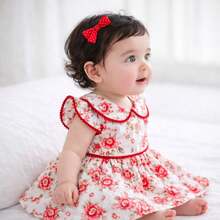 Girl's Dress With Delicate Floral Print, Classic Peter Pan Collar, Ruffles, Short Sleeves, Elegant Pom-Poms, Full Skirt, Comfortable Soft Cotton, Premium Fabric, Party, Birthday, Christening, Special Events, Charming Look, Children's Fashion, Princess Style, Casual Chic, Spring/Summer, Girls' Clothes, Comfort, Sweet, Blogger Look, Photography, Outing, Perfect Gift, Charming, Stylish, Floral Print - 紅色 - 查看 2