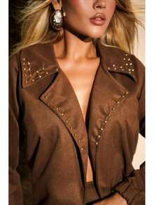 Women's Suede Country Western Set: Jacket And Short Skirt With Slit, High Waist, Elegant Party/Rodeo Style - Rust Brown - View 6