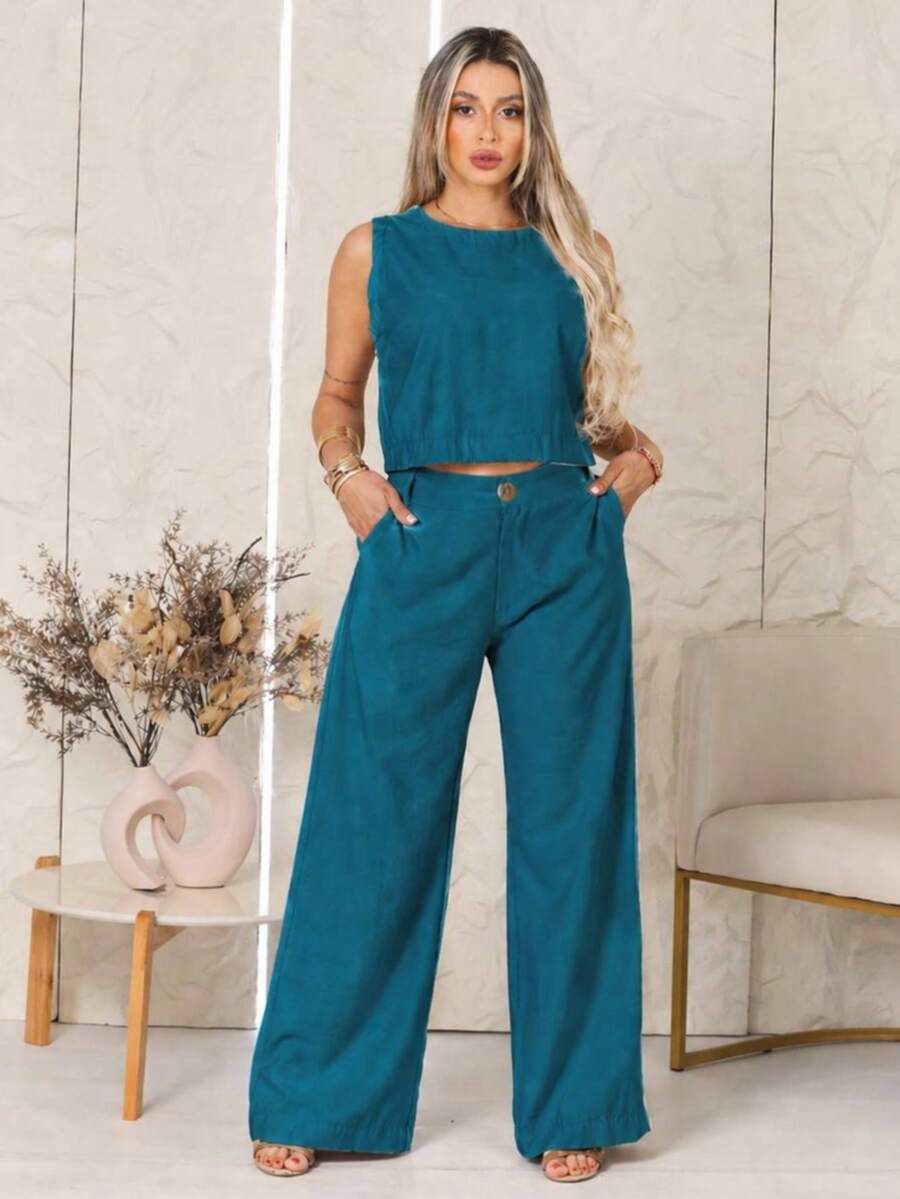 Women's Premium Tailored Casual Set: Wide-Leg Trousers With Pockets, Sleeveless Blouse. - 水鴨藍 - 查看 1