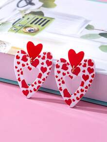 1 Pair Fashion Red & White Polka Dot Heart Pattern Acrylic Heart & Teardrop Dangle Earrings, Suitable For Daily Wear - Red - View 3