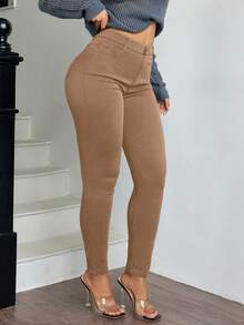 Apperloth A Plus High Waist Pockets Zipper Fly Solid Skinny Trousers - Mocha Brown - View 5