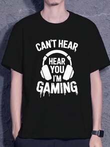 Men's Casual Black Summer T-Shirt, 100% Graphic Print, With Headphones And The Text 'I Can't Hear You, I'm Playing' For Gamers. Soft Touch, Comfortable Fit, Smooth Feel, Non-Irritating. Loose And Comfortable For Summer. - Back - View 6