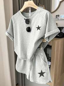 Youth Girl Cartoon Print Round Neck Short Sleeve T-Shirt And Shorts - Grey - View 2