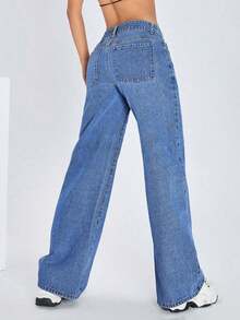 ICON Solid Color Wide Leg Pocket Jeans, Casual And Versatile - 中等水洗藍 - 查看 7