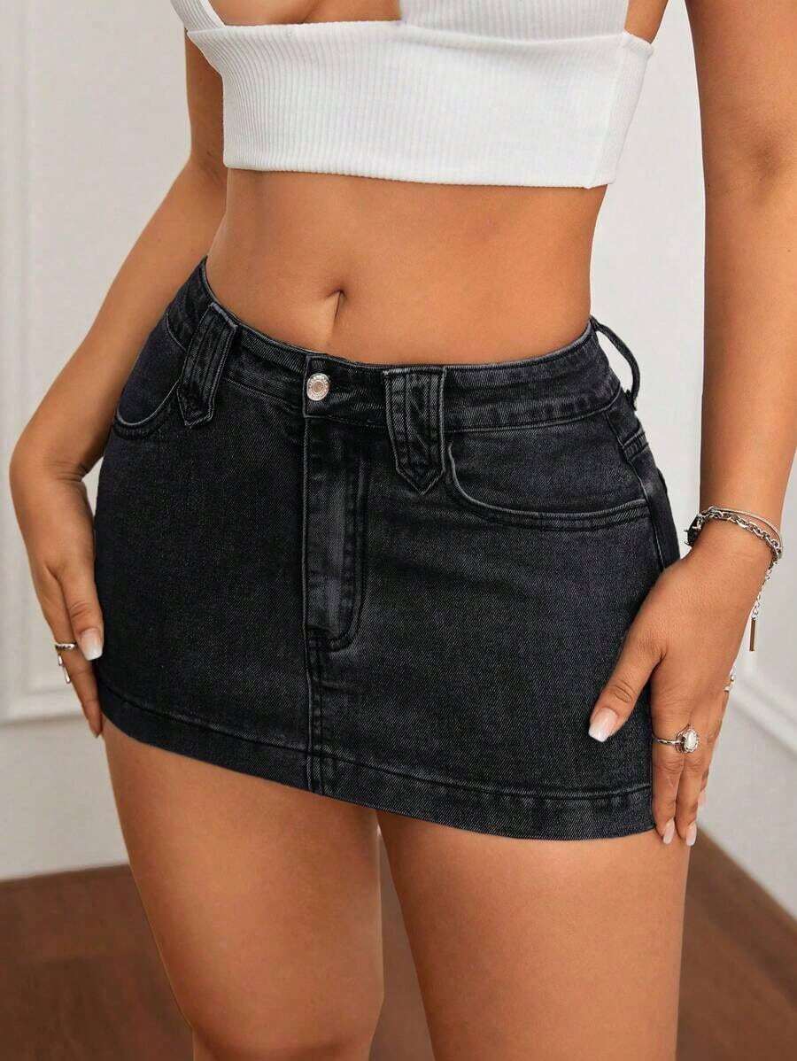 Minifalda de mezclilla ajustada y de tiro bajo lavada, con estilo callejero sexy para el verano - Negro - Ver 1