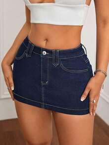 Minifalda de mezclilla ajustada y de tiro bajo lavada, con estilo callejero sexy para el verano - Azul lavado oscuro 3 - Ver 3