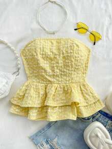 Blusa amarilla casual de verano estilo peplum sin espalda con lazo para mujer, look casual para vacaciones, almuerzo o de regreso a clases - Amarillo - Ver 6