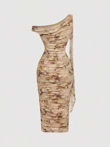 Vestido de longitud media con hombro asimétrico ajustado, fruncido y decoración de hebilla metálica para mujer - Multicolor - Ver 2