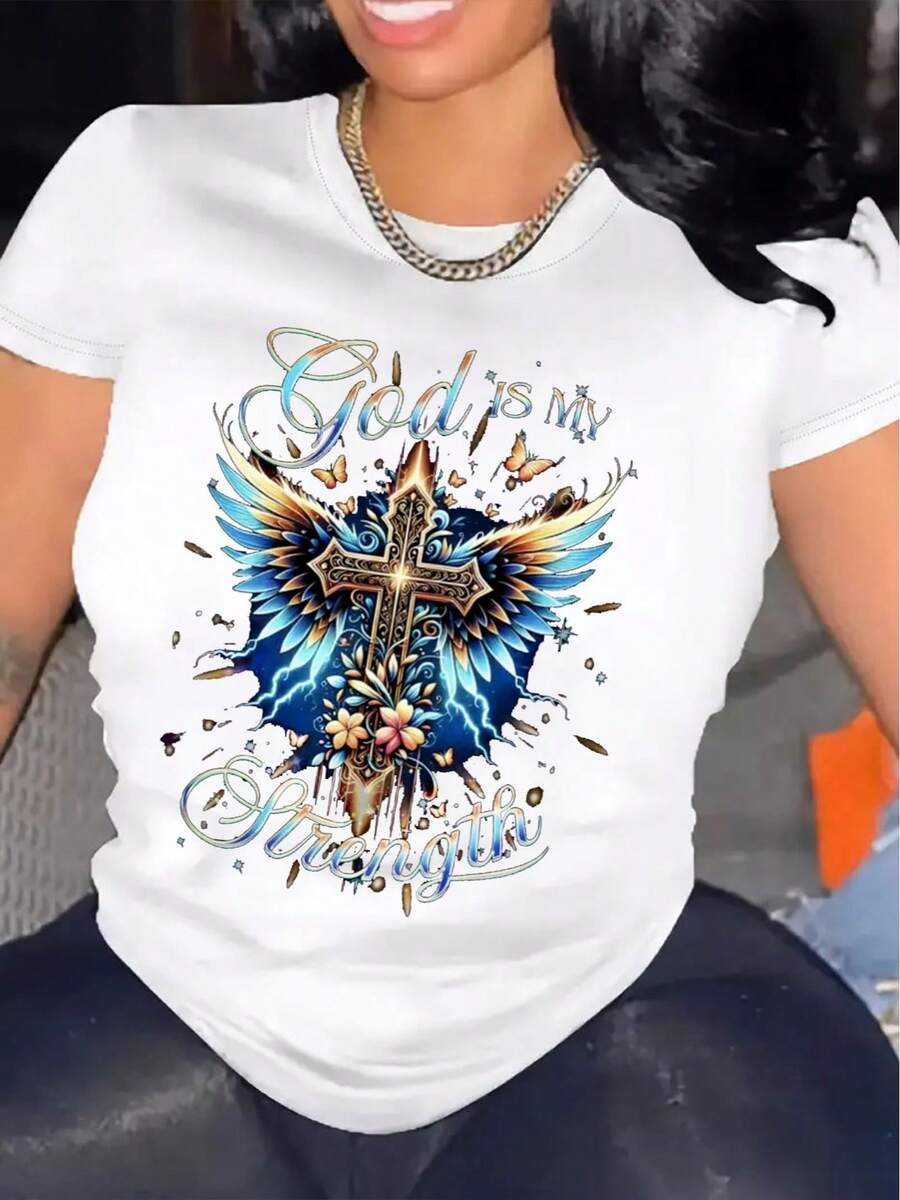 God Is My Strength, Comfortable Women's Crew Neck T-Shirt With Short Sleeves, Soft And Breathable Cotton Fabric, Ideal For Summer And Spring, Women's Clothing, T-Shirt, Streetwear. Christian Belief Print, Pure Cotton, Soft And Breathable, For Everyday Wear Or At Church, Ideal For Believers And As A Gift, T-Shirt With Bible Verse Print And Jesus Commemorative Design, Limited Edition For Religious Festivals - 白色 - 查看 1